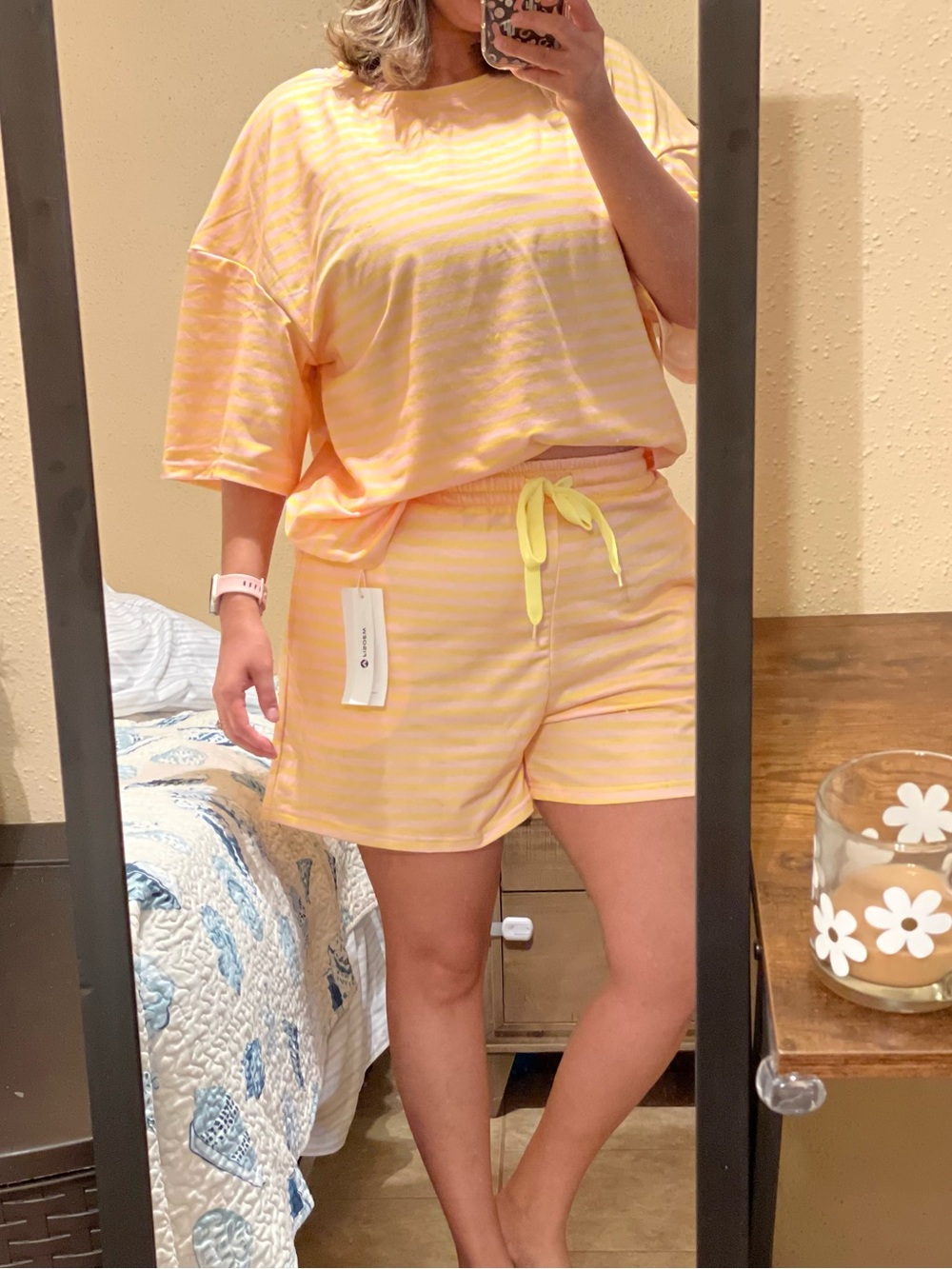 Amazon Women's Yellow Striped Lounge Set with Neon Yellow Drawstring